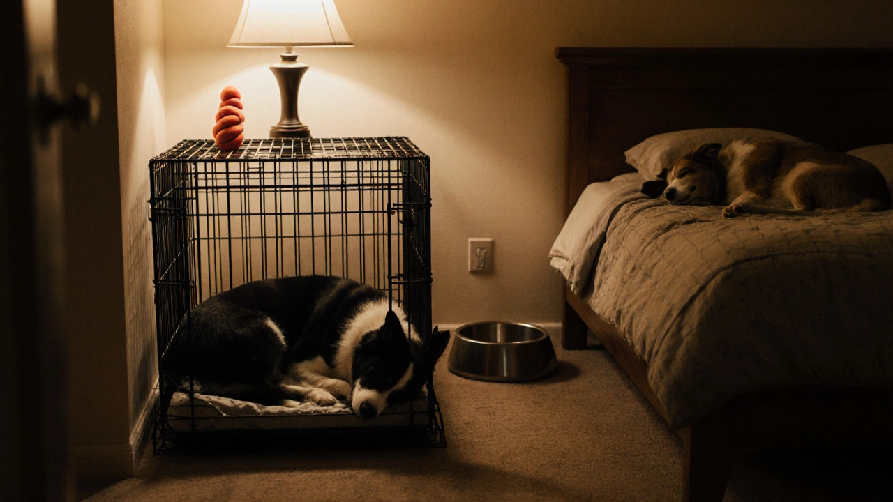 Two dogs sleeping in a quiet home office, one in an open crate, one on a bed.