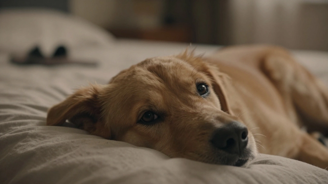 A dog’s face nestled in a pillow, gazing softly as if waiting for its owner to return.