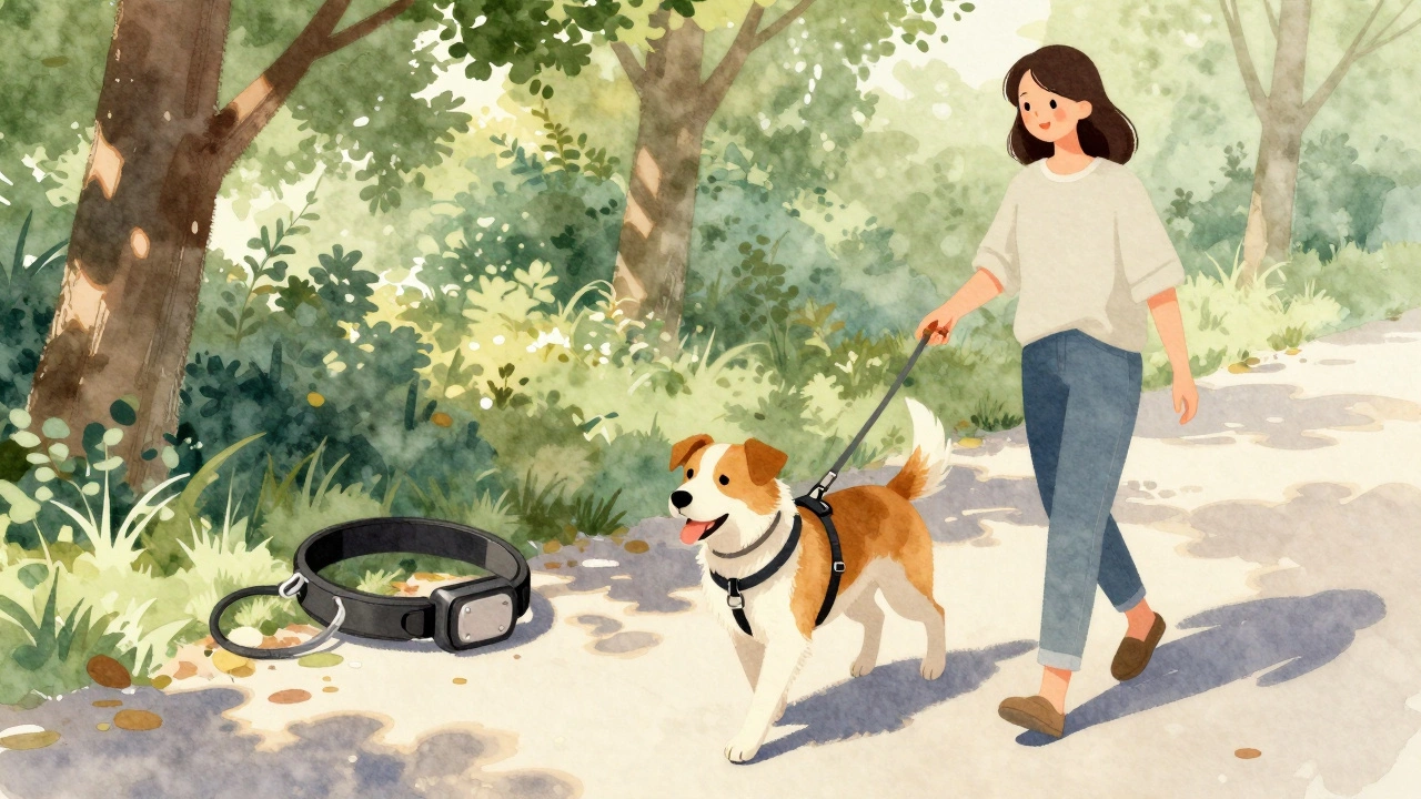A dog walks happily beside its owner using a front-clip harness under sunny trees.