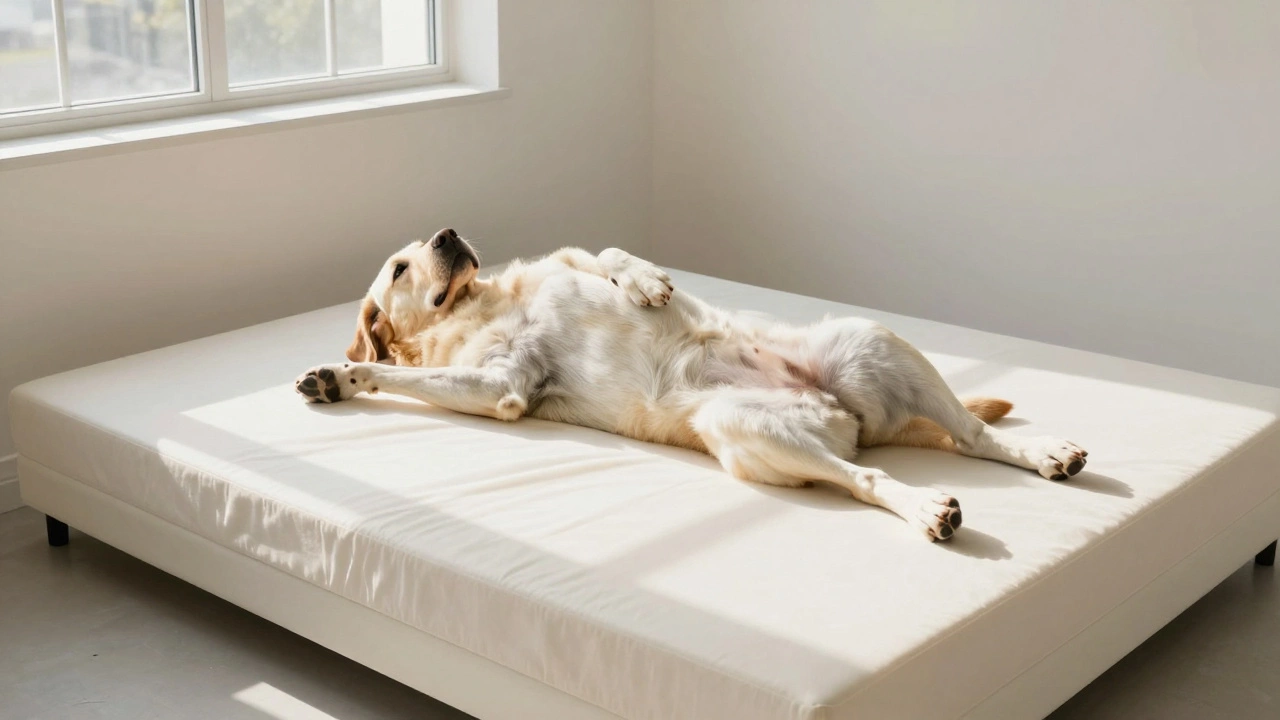 A large Labrador stretched out fully on a square bed, lying flat with legs extended in a relaxed pose.