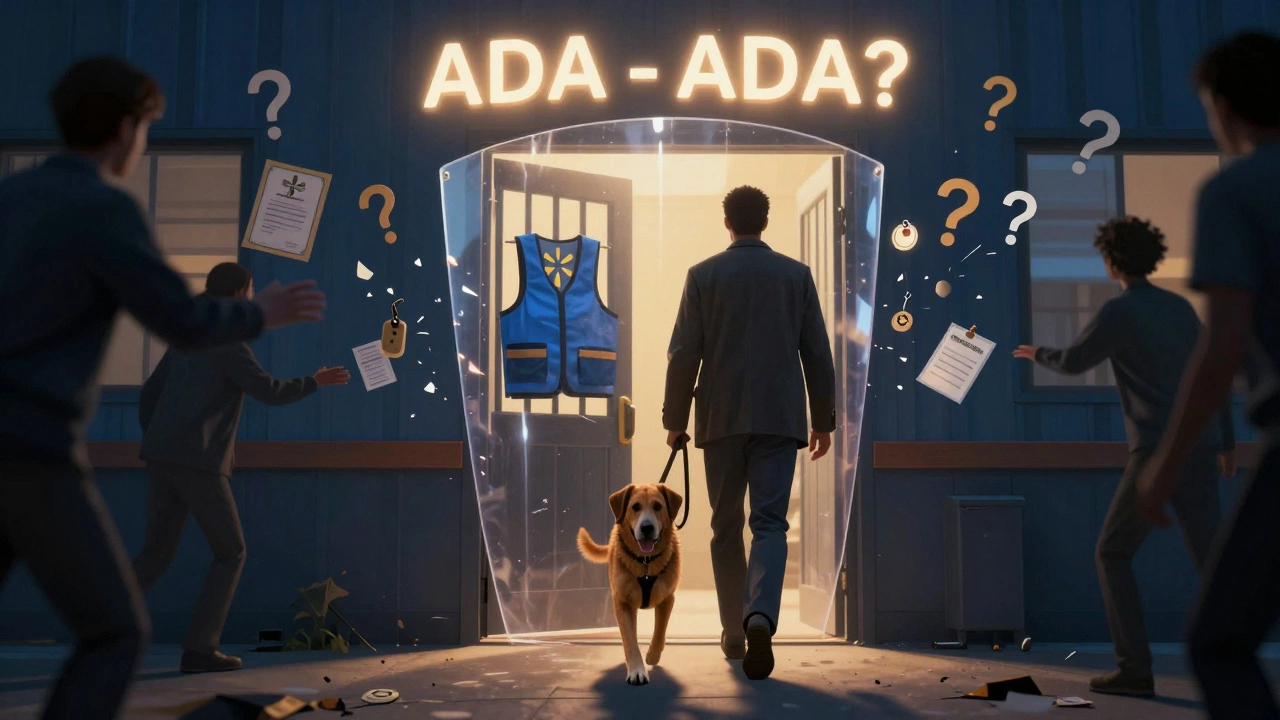 A legal shield protects a service dog entering Walmart, with denied requests like certificates and vests falling away.