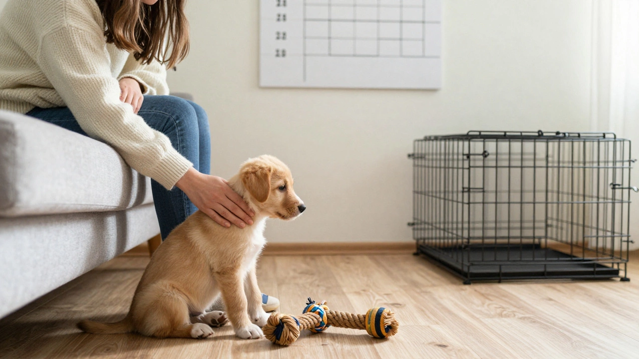 A puppy sitting calmly beside a person in a cozy living room with a crate and toy nearby.