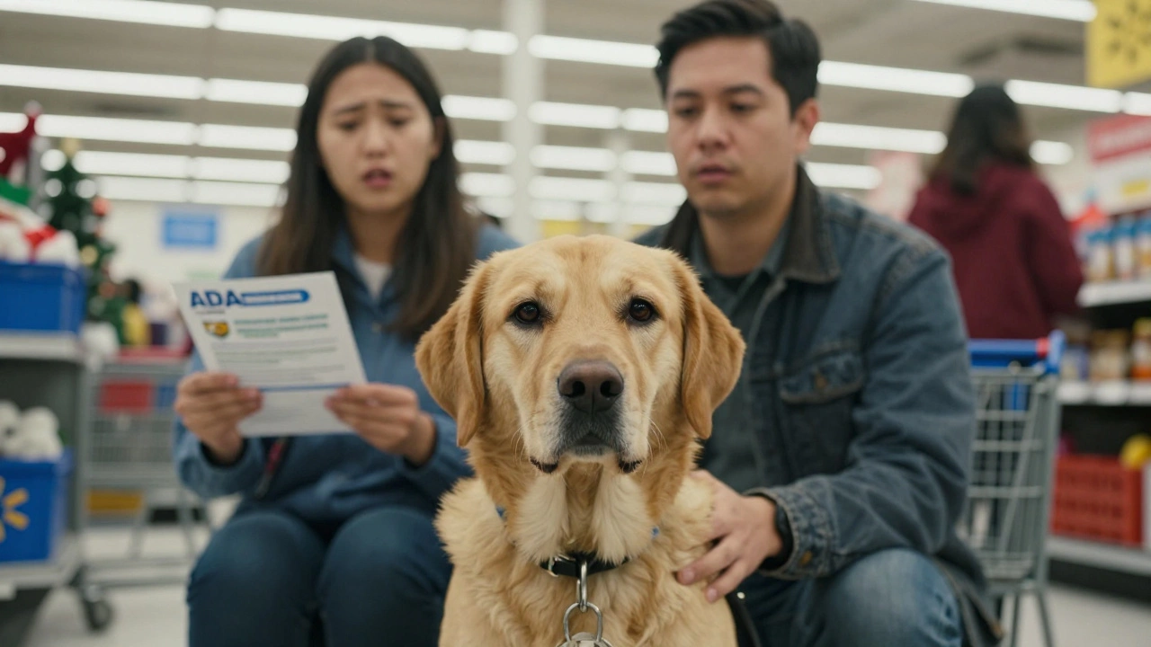 A service dog sits quietly at a Walmart checkout, focused and composed, as employees observe nearby.