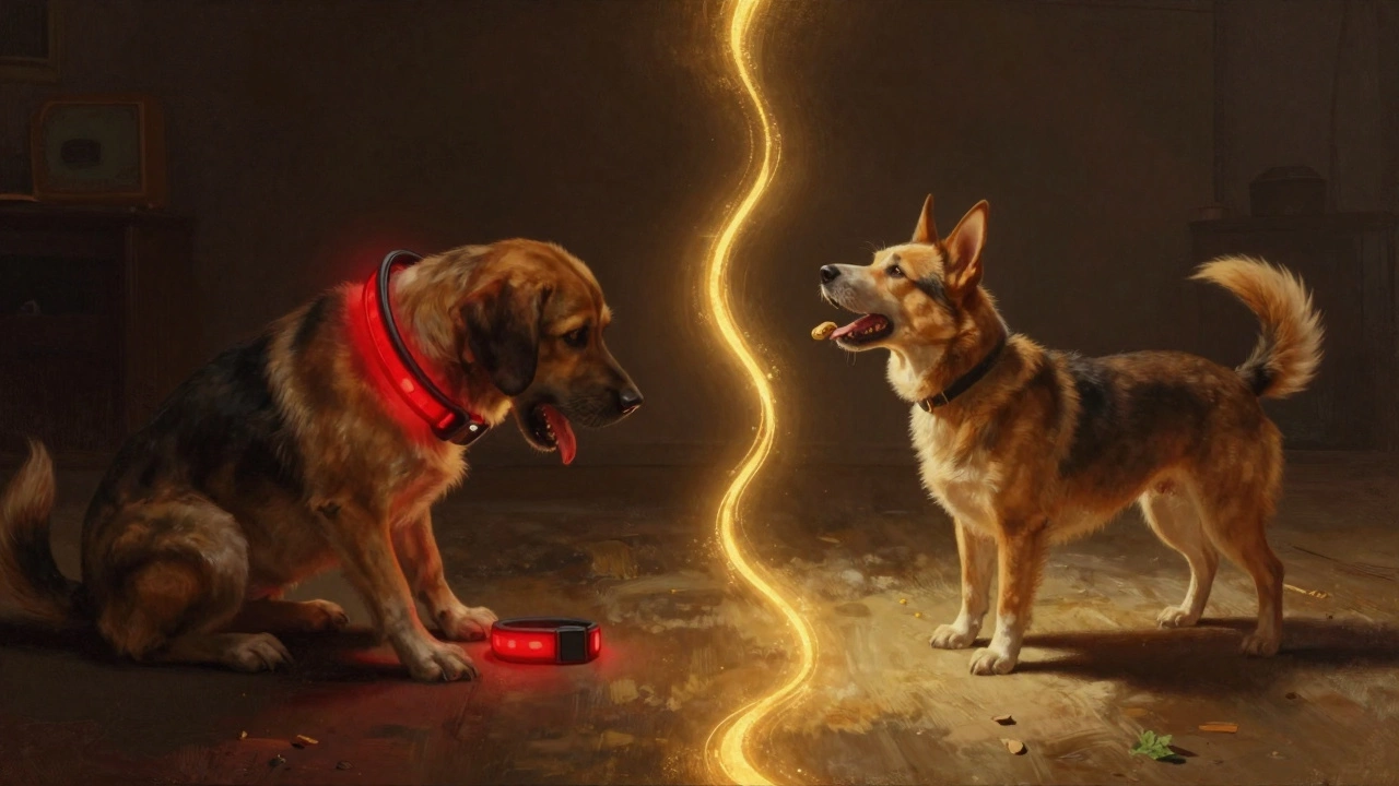 A split image showing a fearful dog beside a shock collar versus the same dog happy and rewarded.