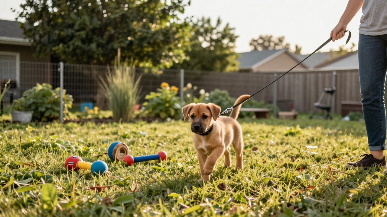 A three-month-old puppy running happily toward a person in a sunny backyard.
