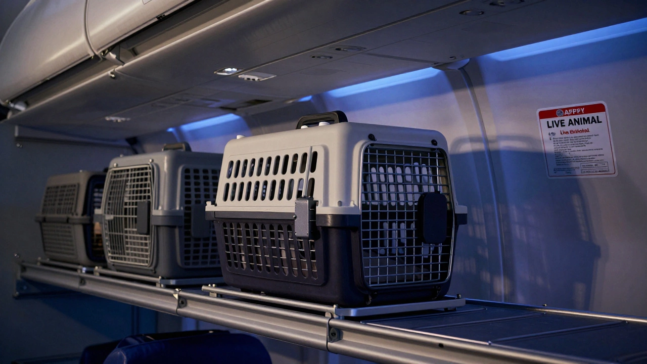 Climate-controlled pet cargo hold with ventilated carriers and soft blue lighting.