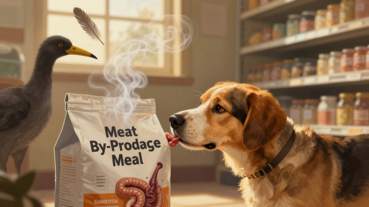 Dog sniffing bag of meat by-products as ghostly animal parts rise from it