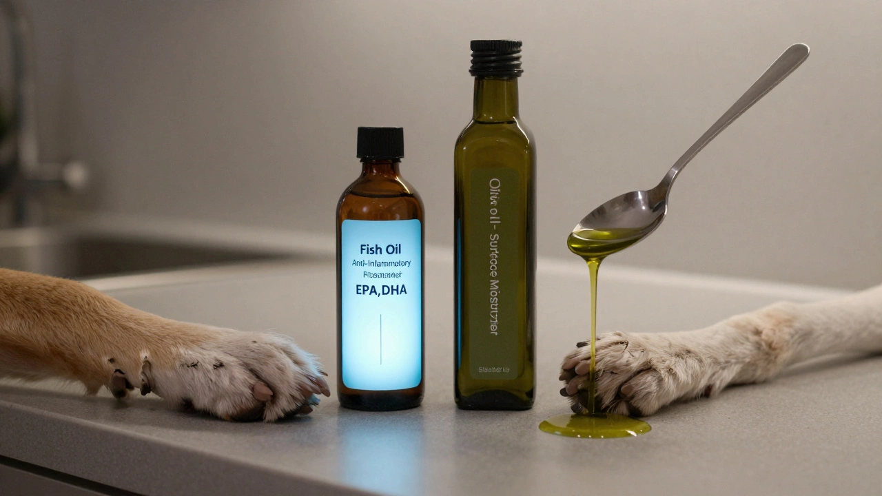 Fish oil and olive oil bottles on counter, fish oil glowing blue, olive oil dim, dog’s paw on fish oil.