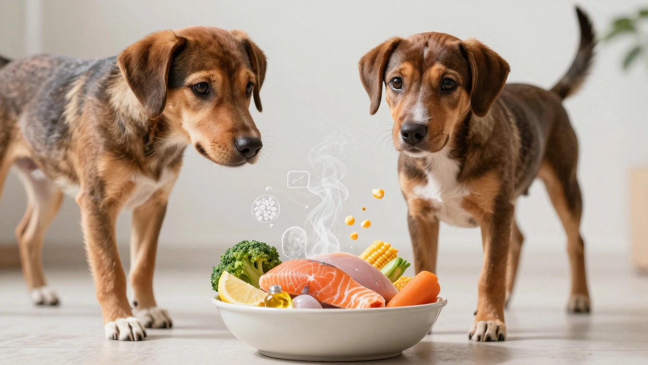Healthy dog beside natural food as harmful ingredients dissolve into smoke