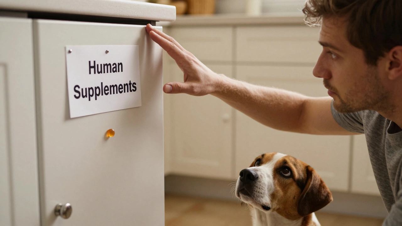 Owner hesitating to open a cabinet of human supplements while dog watches.