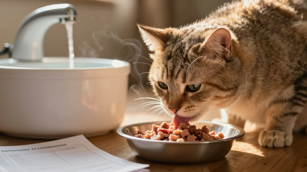 Senior cat eating wet food near water fountain with vet report in background.