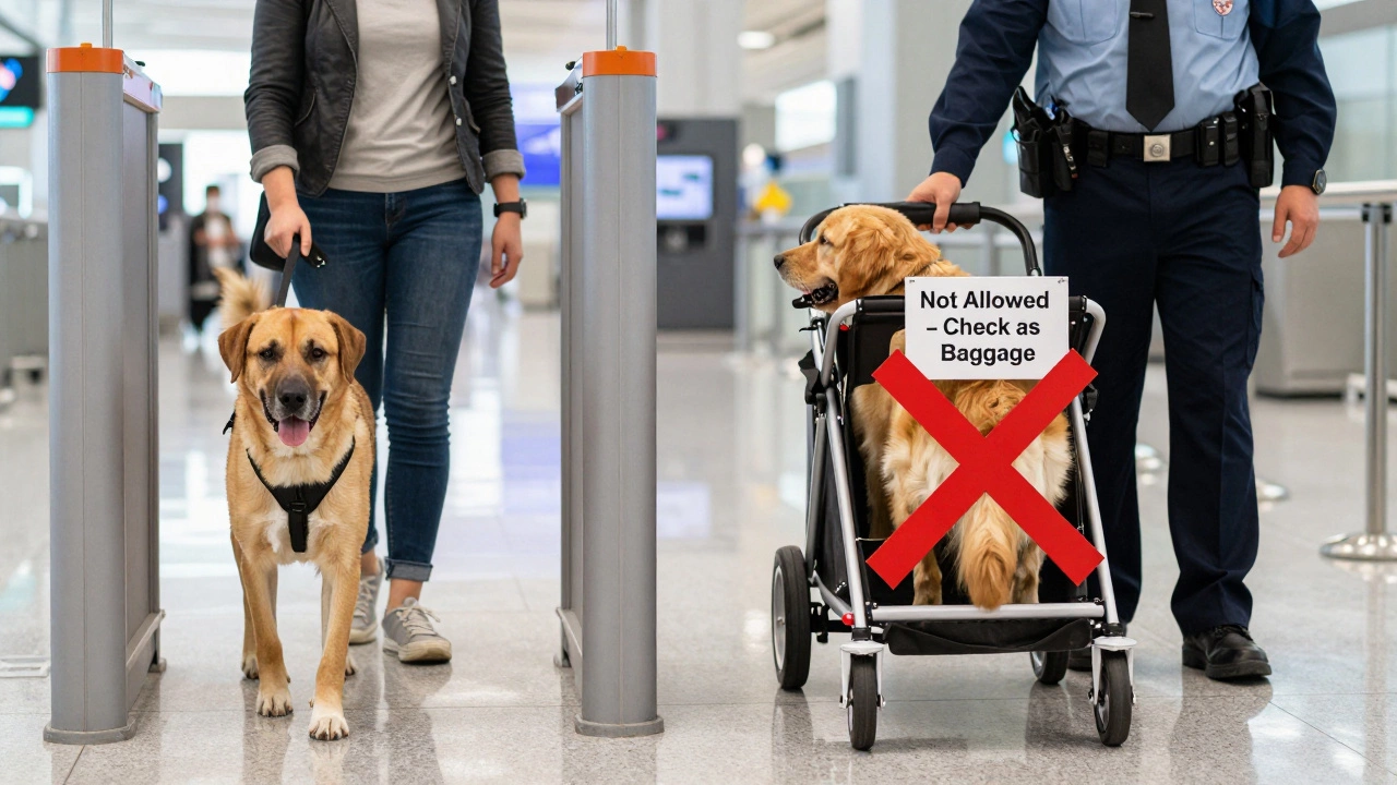 Service dog walks freely beside owner while another pet is denied due to wheeled carrier.