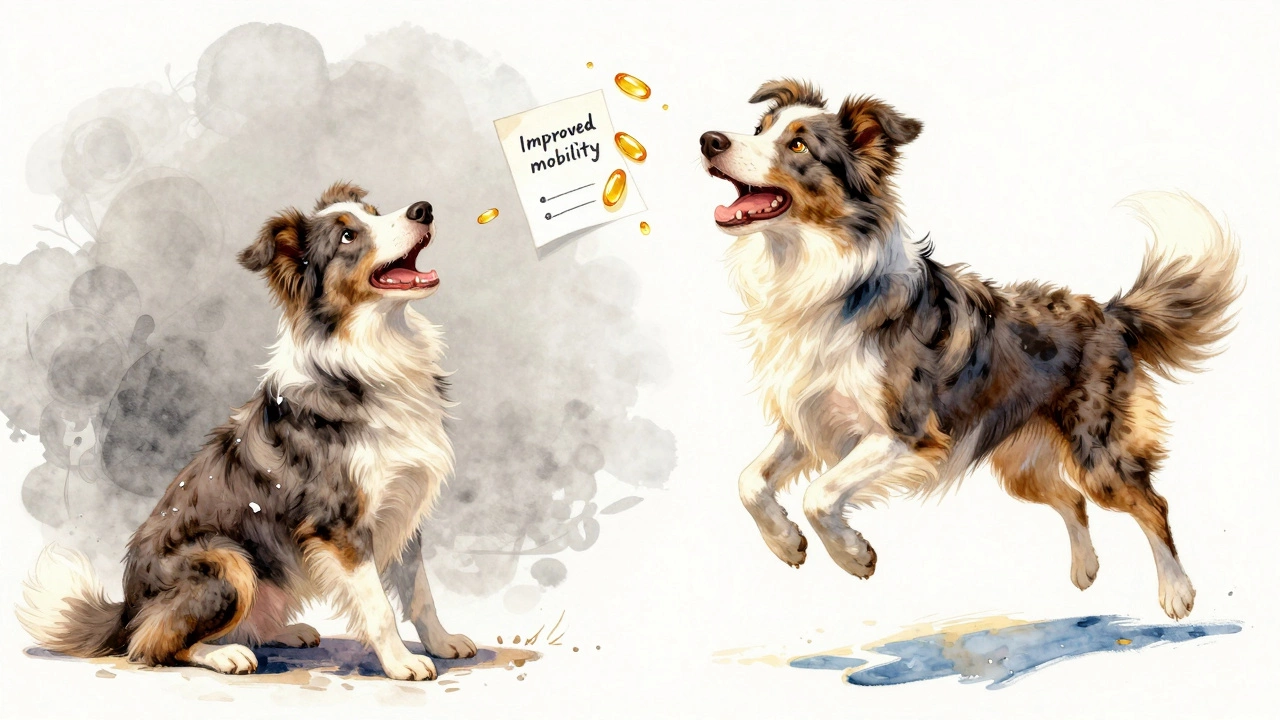 Side-by-side illustration of a dog before and after fish oil treatment, showing improved mobility and coat shine.