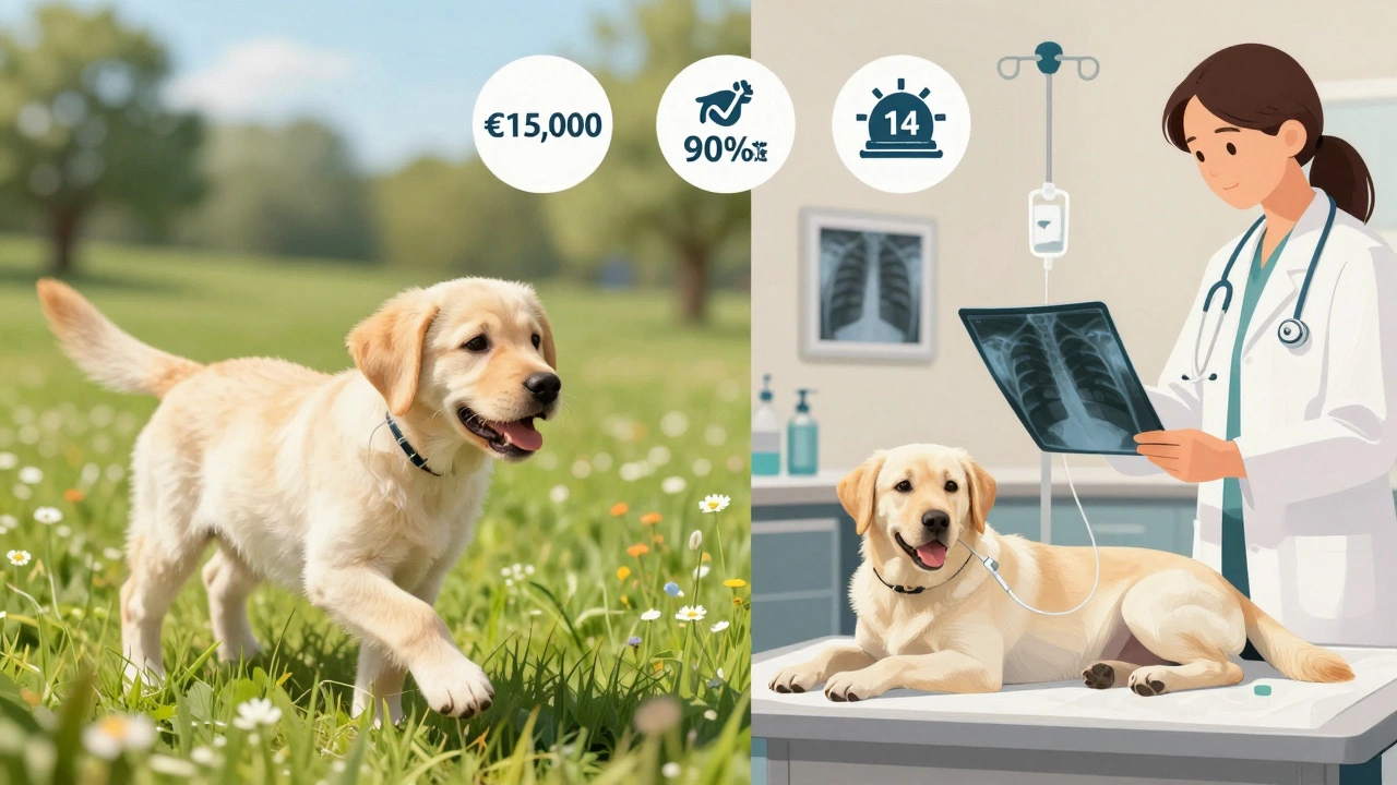 Split image: healthy Labrador playing outdoors versus same dog receiving treatment at a vet clinic.