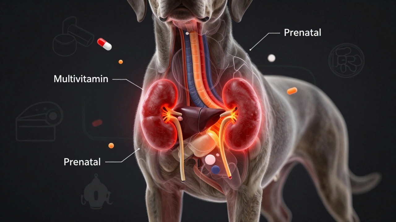 Surreal internal view of a dog's organs damaged by toxic vitamin buildup.