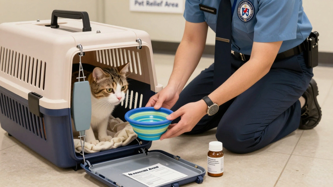 TSA officer offers water to a cat after screening, carrier open with blanket inside.