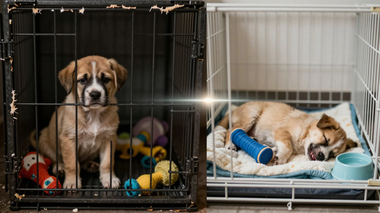Two contrasting scenes: a distressed puppy in a messy crate vs. a calm puppy in a clean one.