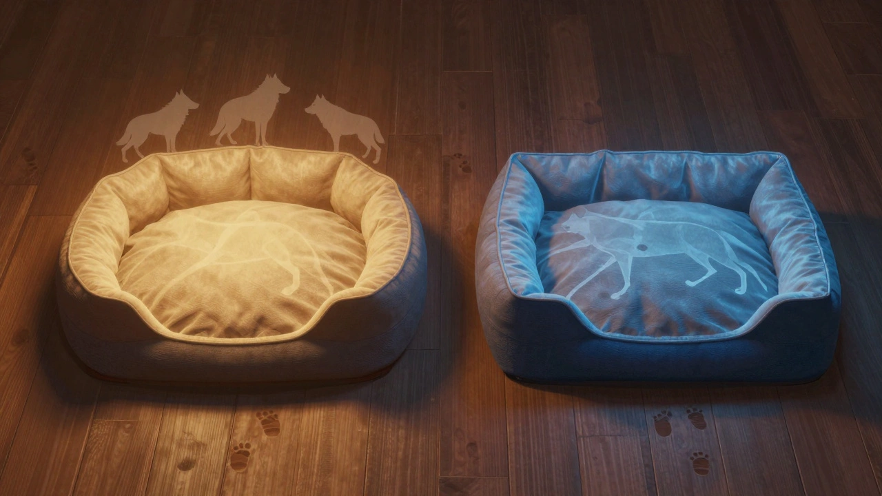 Two dog beds side by side, one round and one square, symbolizing instinctive versus spacious sleeping preferences.