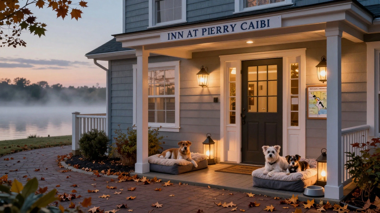 Two small dogs resting on beds outside a cozy inn entrance at dusk with lanterns and fallen leaves.