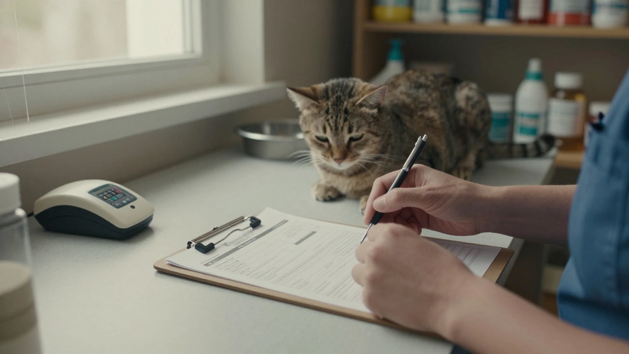 Veterinarian issuing a health certificate for a cat with microchip scanner nearby.