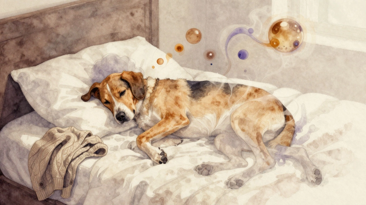Watercolor illustration of a dog resting where a person slept, with scent trails swirling around.
