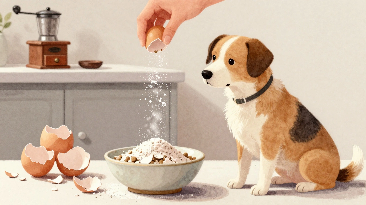 A dog owner sprinkles ground eggshell powder onto a dog's food.