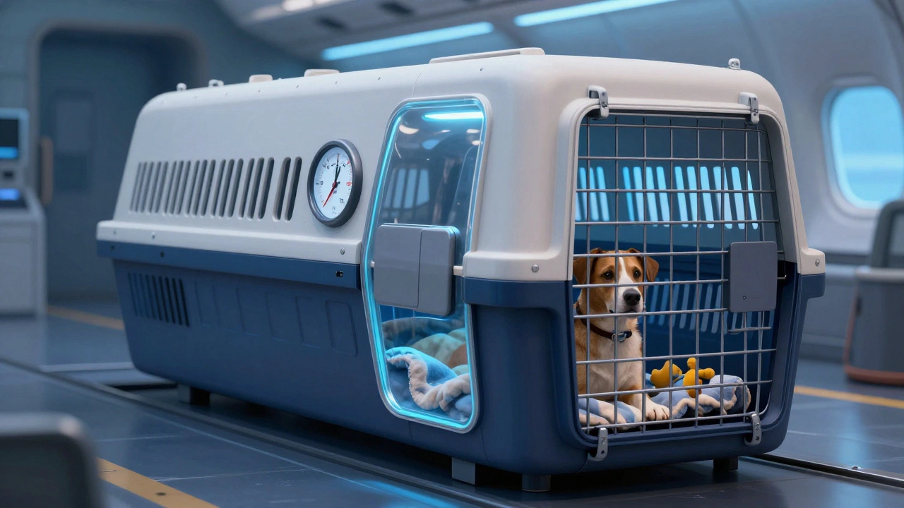 A dog safely inside a climate-controlled airplane cargo hold with a familiar blanket and toy.