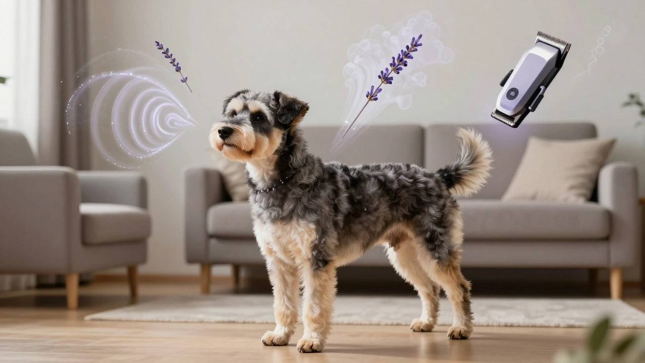 A dog with clipped fur surrounded by abstract representations of grooming sounds and scents.