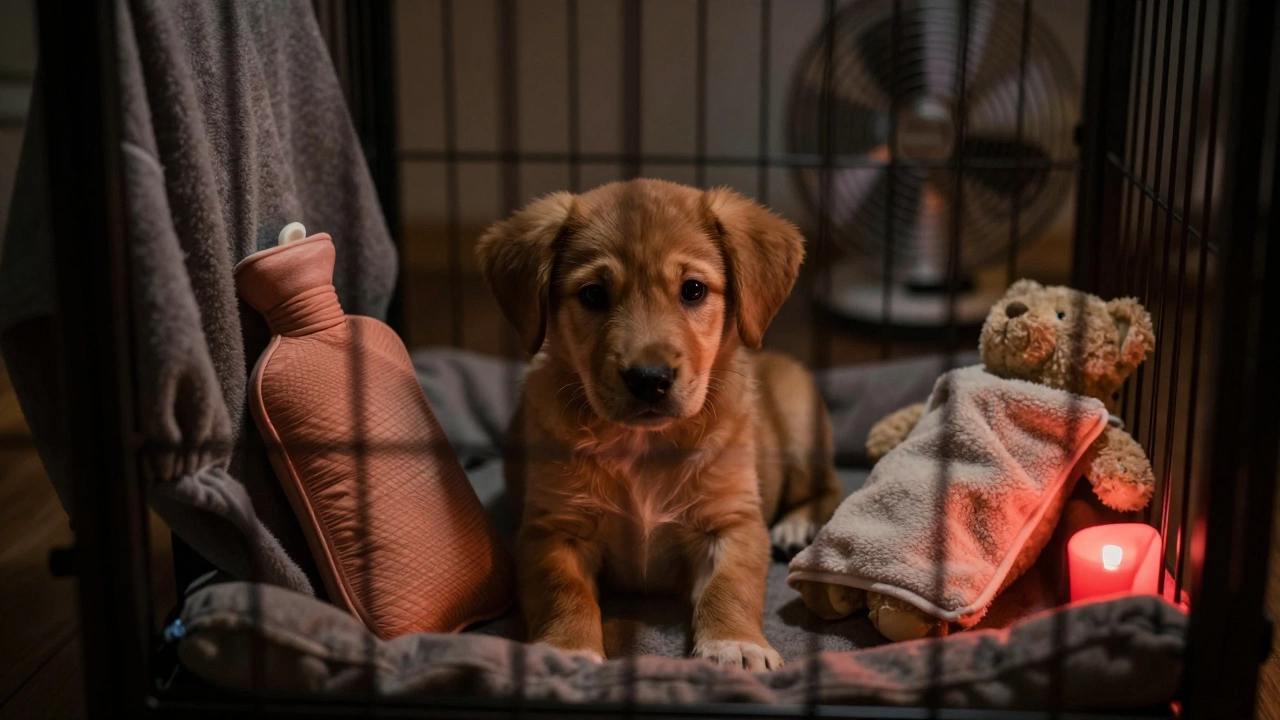 A puppy curled up in a crate with a scented hoodie, warm water bottle, and soft red nightlight.