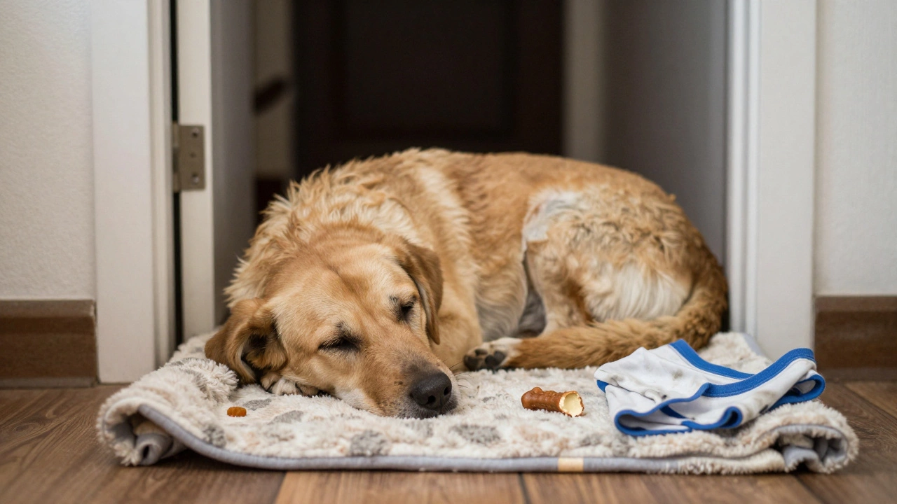 A tired dog resting on a blanket with a treat and a familiar shirt nearby.