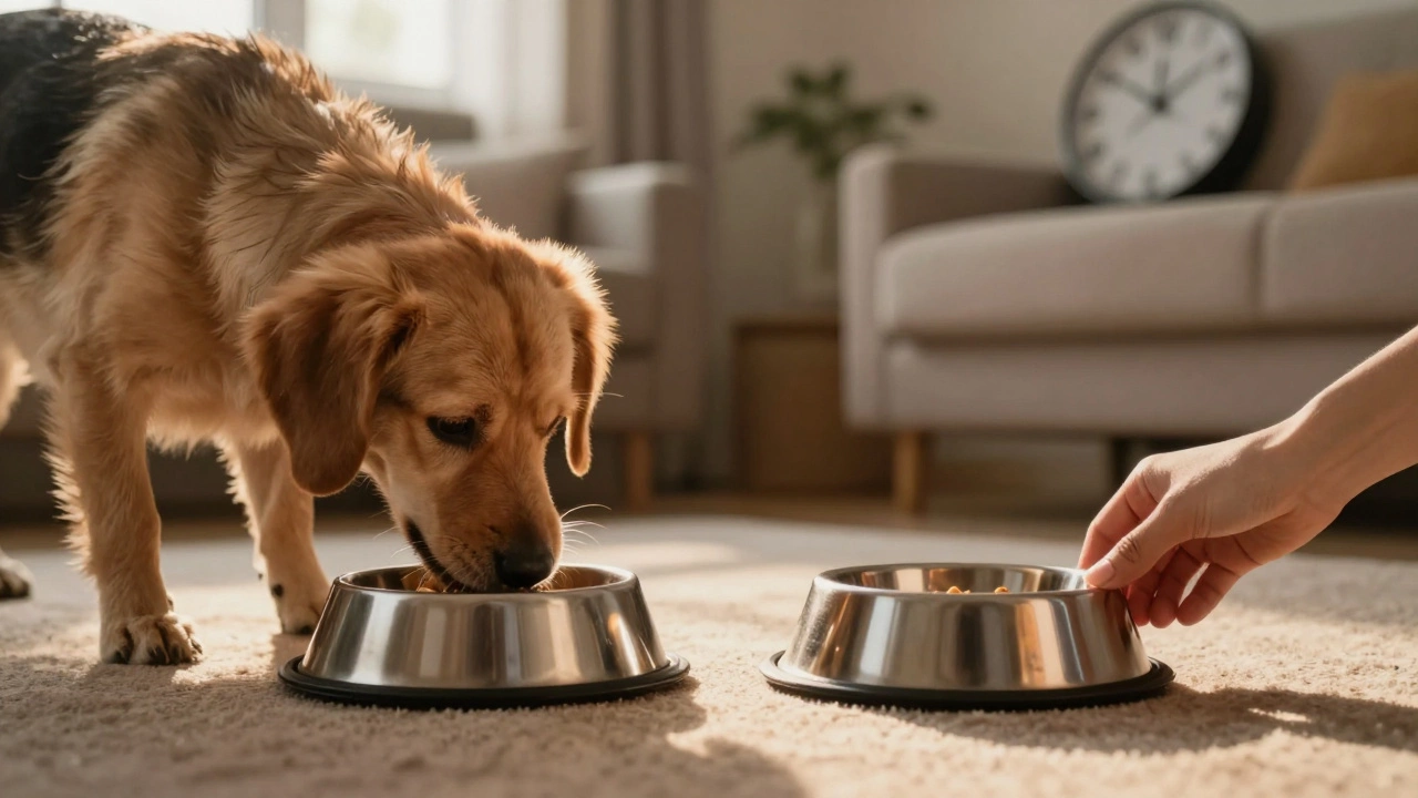 Adult dog eating from two bowls at dawn and dusk in a cozy home.