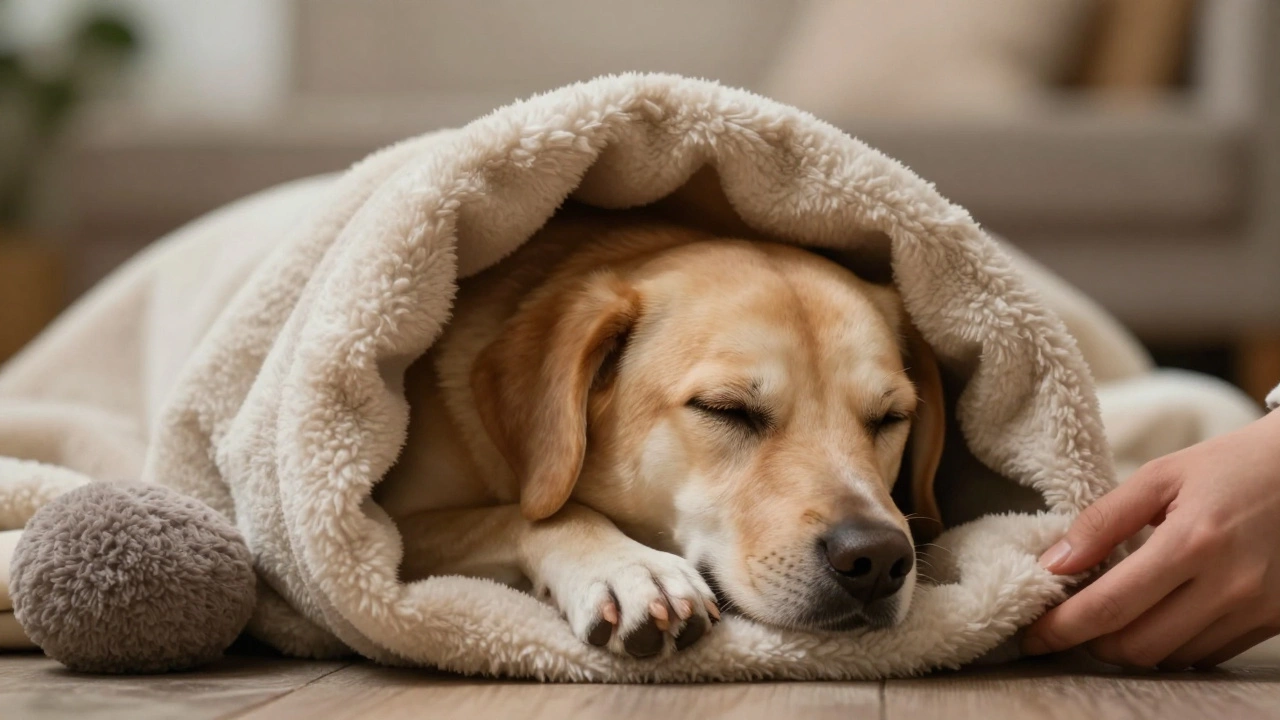 An adult dog curled up peacefully inside a fleece tunnel.