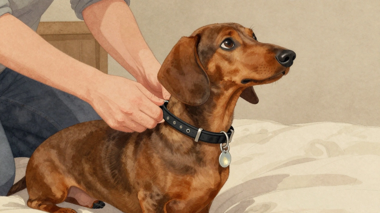 An owner gently takes off a dog's collar at bedtime in warm lamplight.