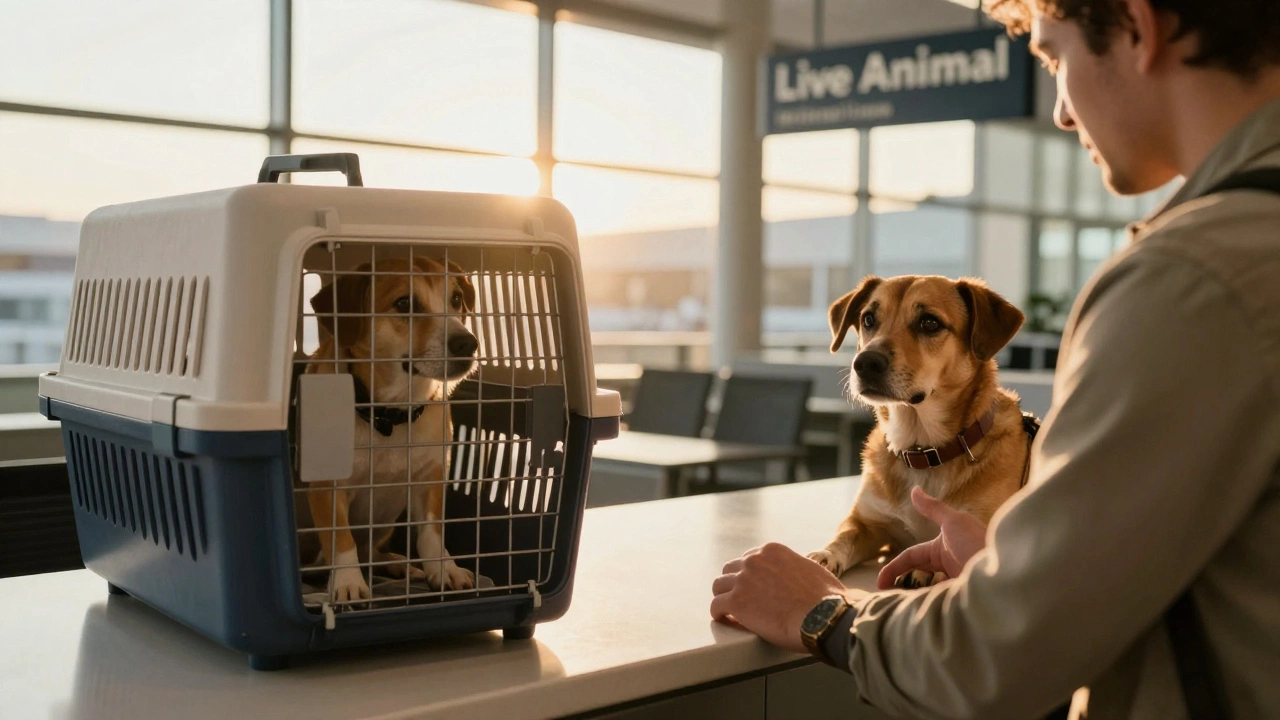 An owner handing over their dog's travel crate at an airport cargo desk during golden hour.