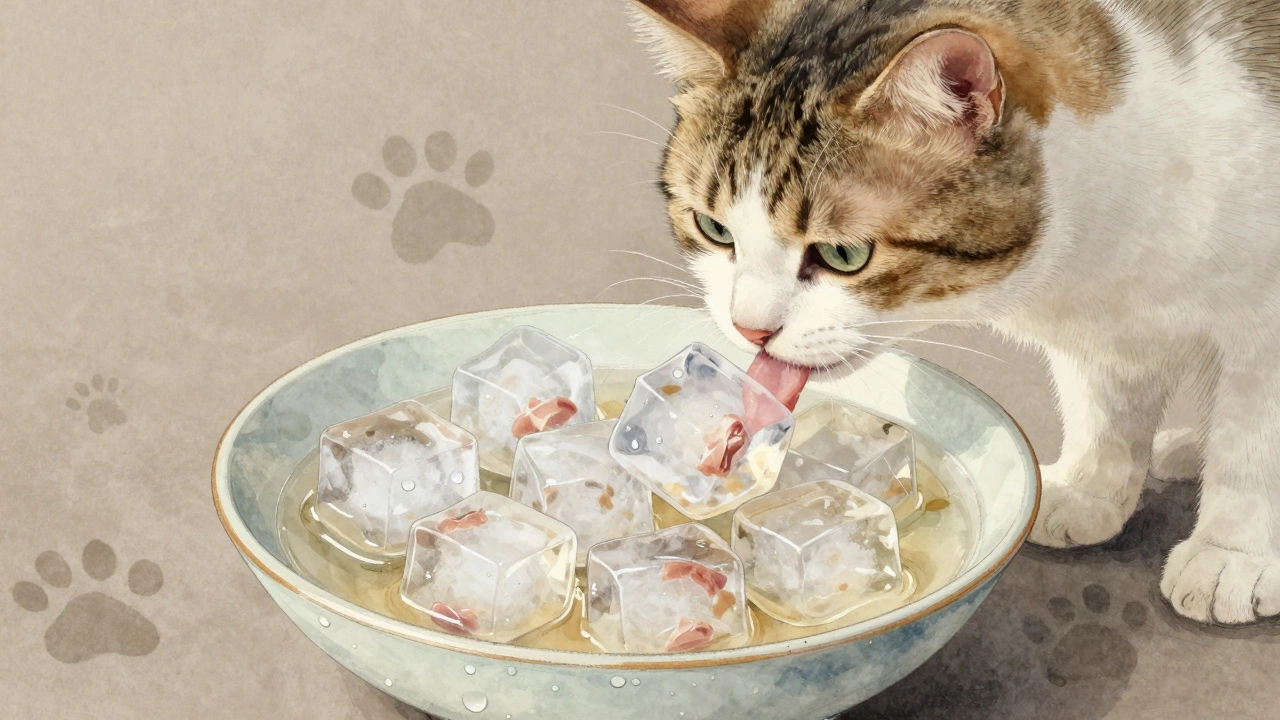 Cat licking ice cubes made from chicken broth in a porcelain dish.