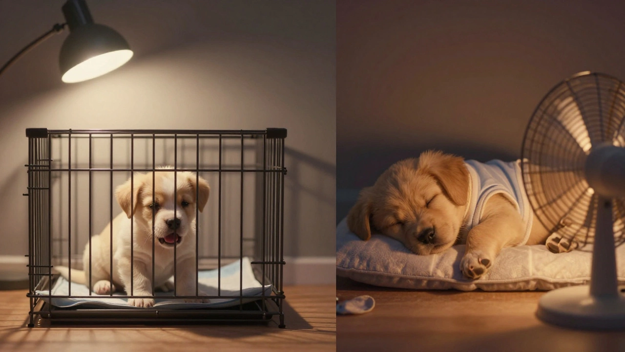 Contrasting images of a distressed puppy under bright light versus a calm puppy in dim, comforting light.