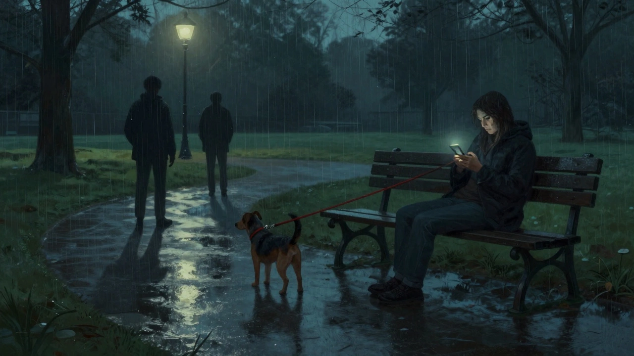 Dog being stolen from park bench while owner is distracted by phone