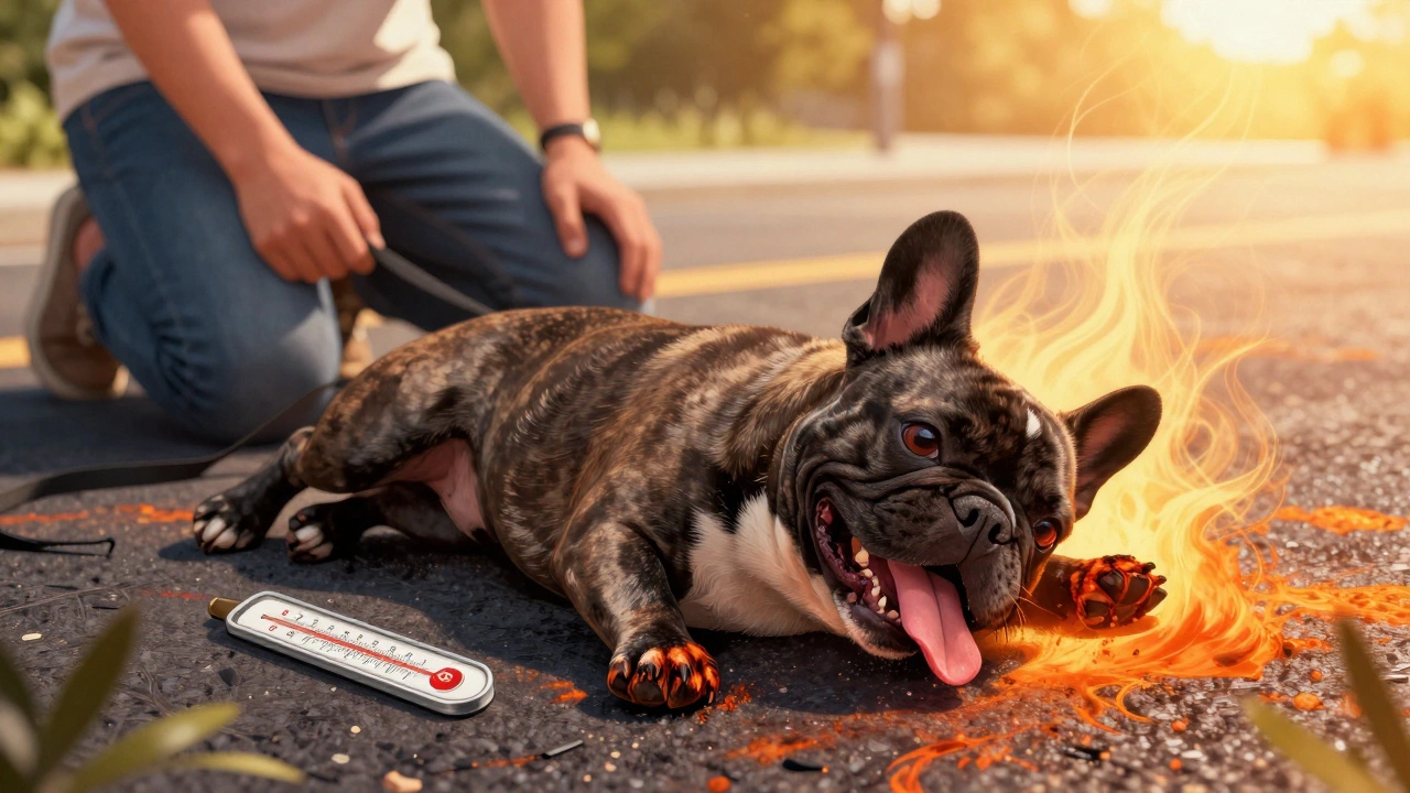 French Bulldog collapsed on hot asphalt with blistered paws and owner in shock