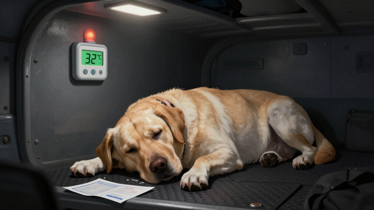 Labrador panting in overheated cargo hold with high temperature reading and flickering emergency lights.