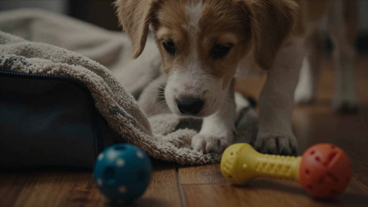 Puppy paws pressing down on a soft blanket with a toy nearby.