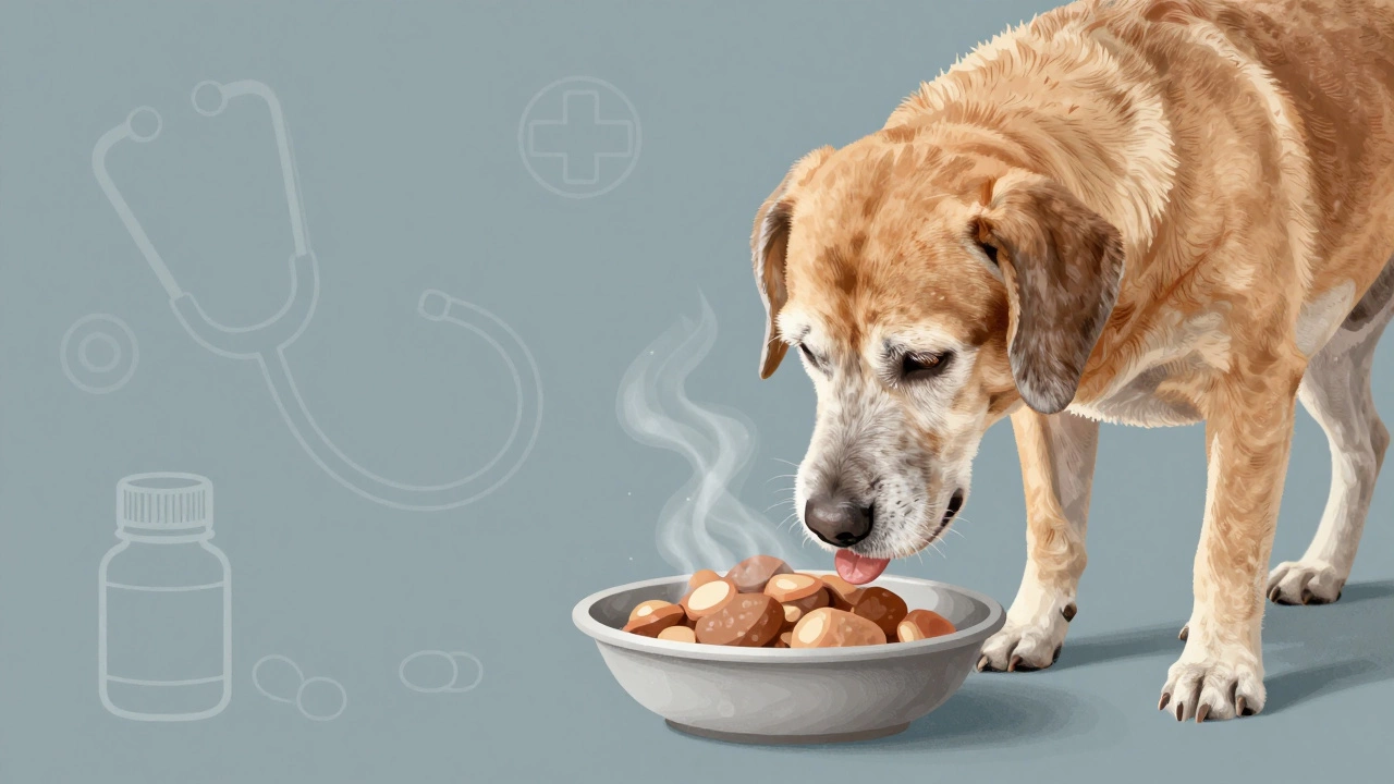 Senior dog eating warm food with subtle medical symbols in background.