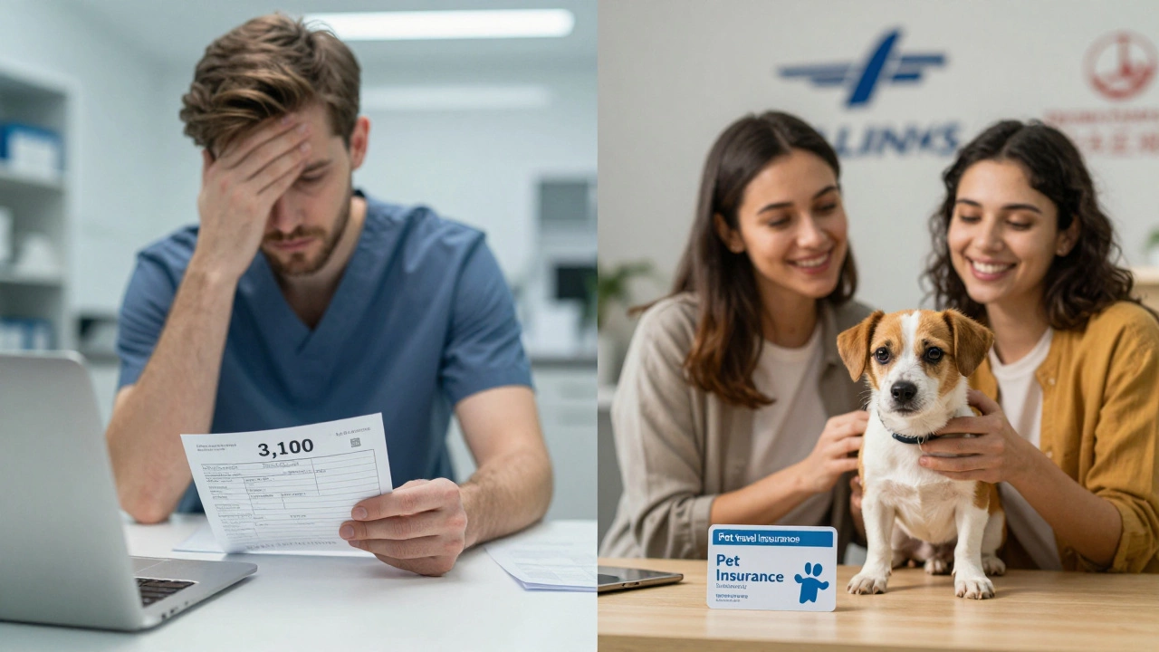 Split image: couple paying vet bill vs. same couple happily reunited with dog after safe flight.