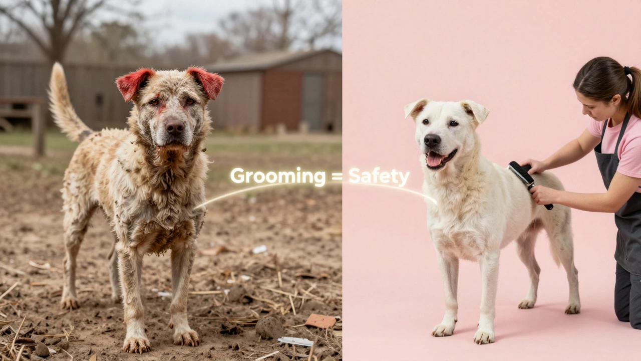 Split image: distressed dog on left, calm dog on right, connected by 'Grooming = Safety' thread.