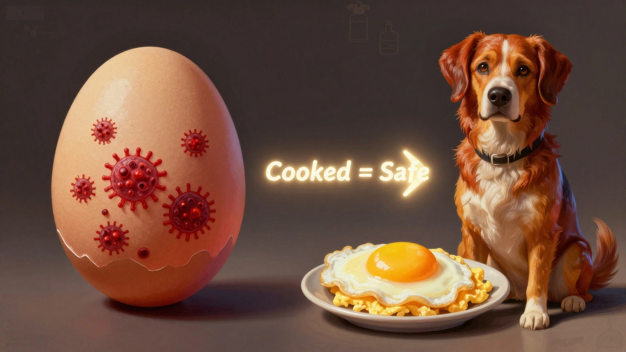 Split image: raw egg with health risks vs. cooked egg promoting a shiny coat.