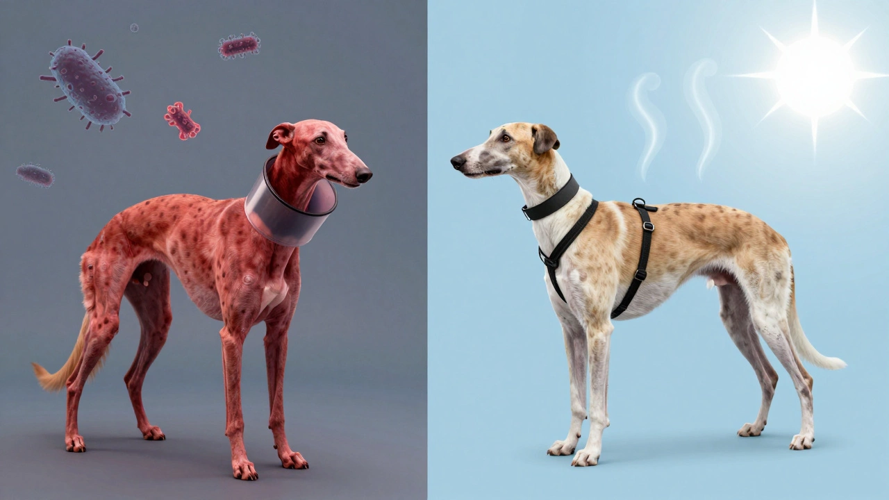 Split image showing a dog with irritated skin under a collar versus healthy skin with a harness.