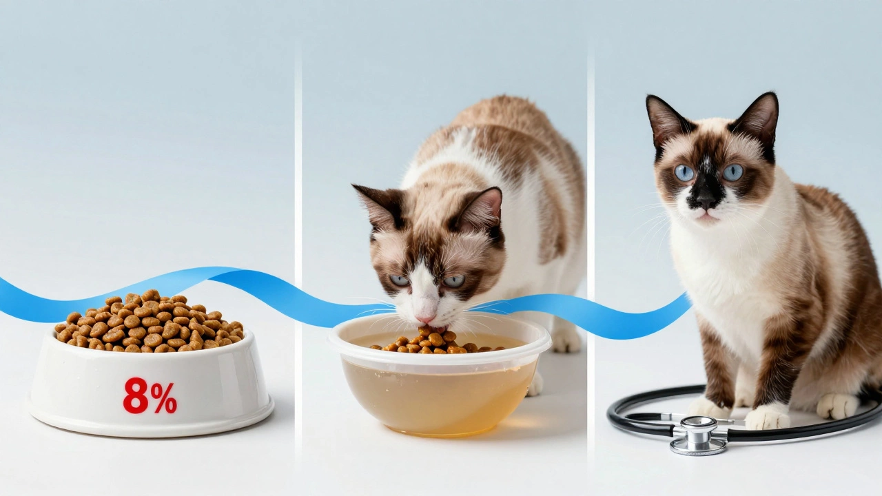 Three-panel visual showing dry food turning to moistened food, ending with a healthy cat.