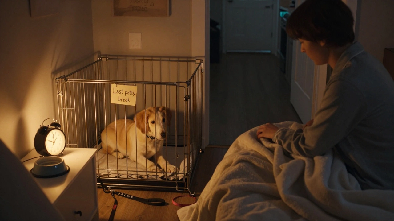 A calm bedtime routine: a puppy settles into its crate as a dim nightlight glows, with a human nearby in pajamas.