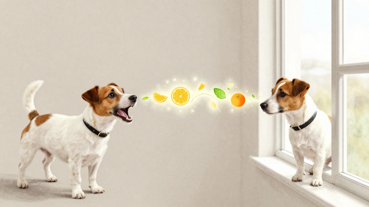A dog turning away from the window after smelling citrus and peppermint, showing behavioral change.