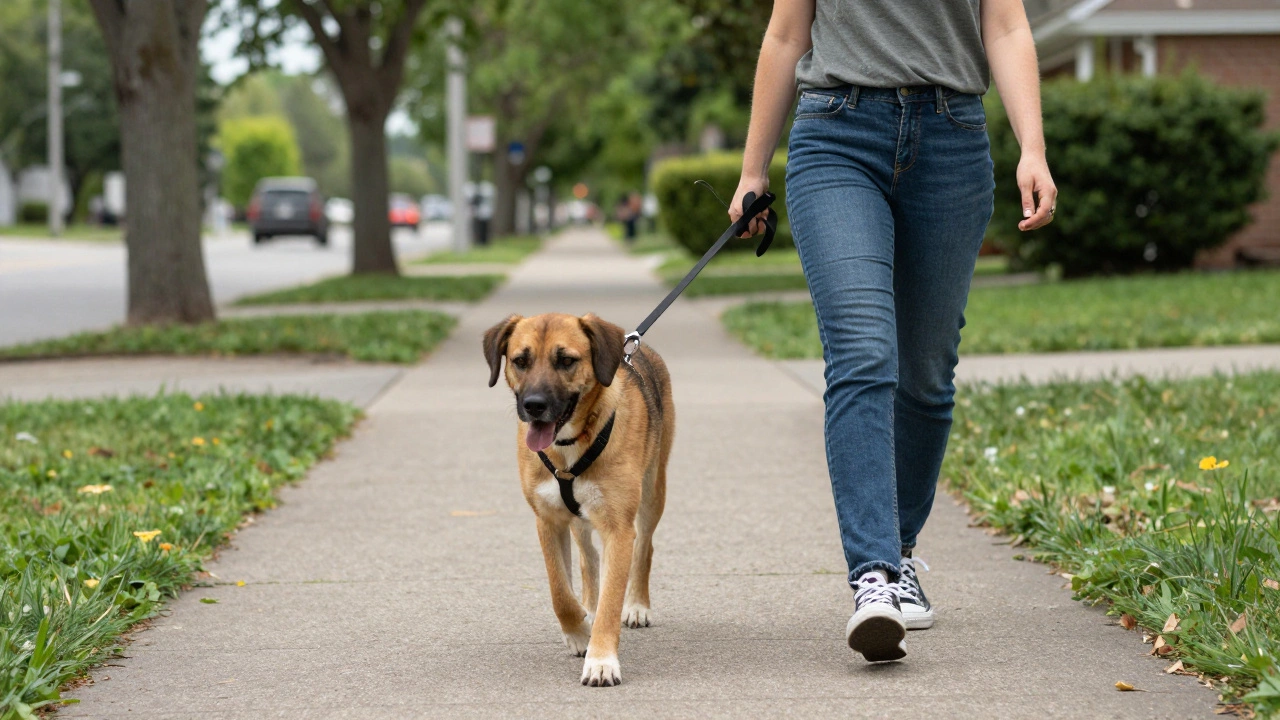 A dog walks peacefully on a leash with a head halter, relaxed and attentive beside its owner.