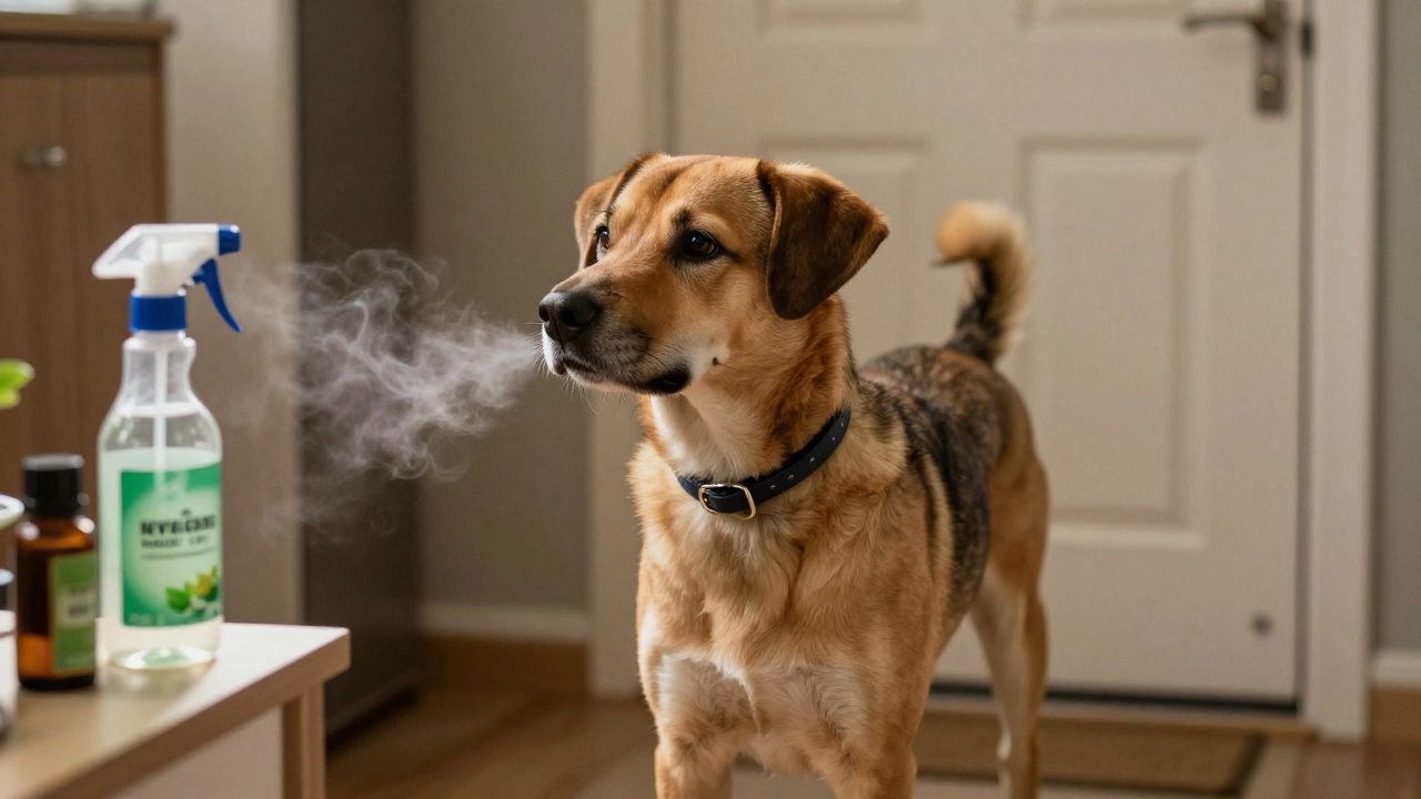 A dog wearing a scent collar standing quietly beside a door with spray bottles on a shelf.